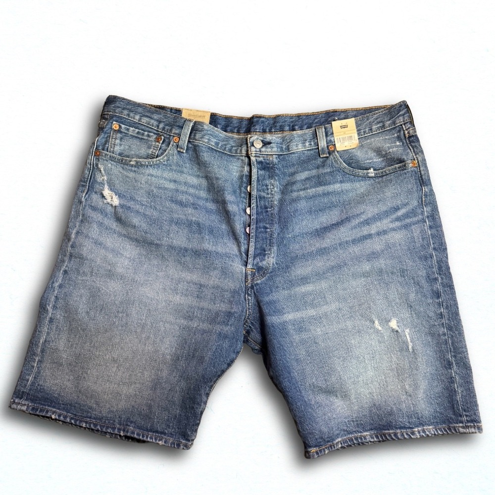 Levis 501 Original Stretch Denim Shorts Mens 44 Blue Distressed Button Fly New